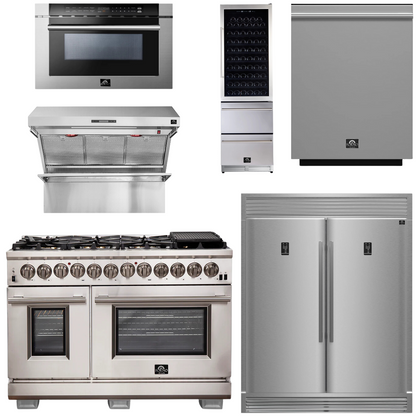 FORNO Package - 48" Dual Fuel Range, Range Hood, Refrigerator, Microwave, Dishwasher, Wine Cooler