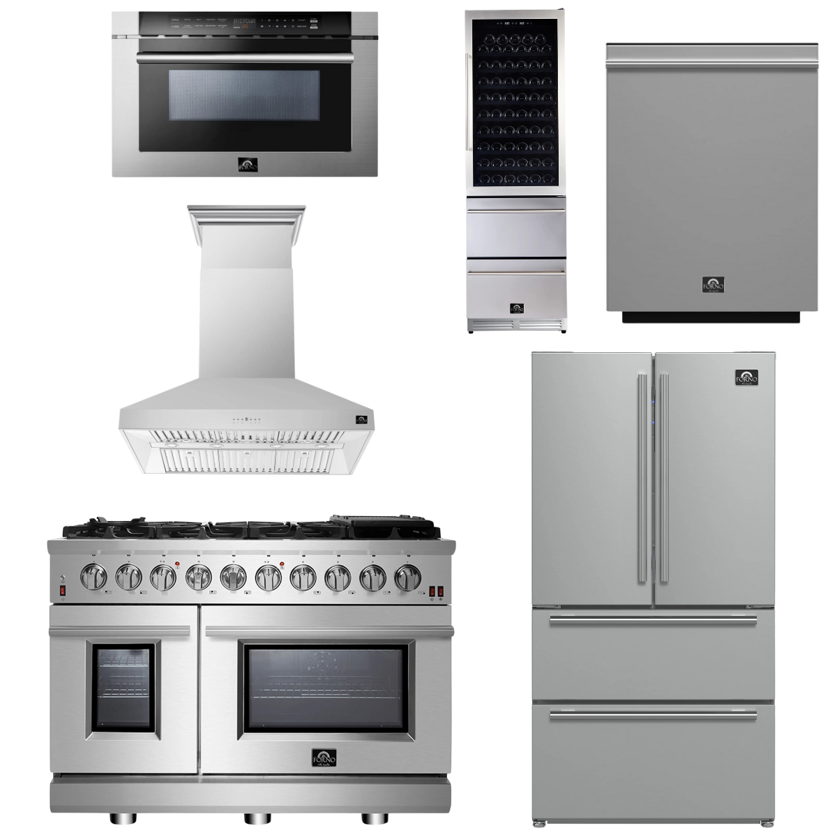 FORNO Appliance Package - 48" Gas Range, Range Hood, 36" Refrigerator, Dishwasher, Microwave Drawer, Wine Cooler, AP-FFSGS6239-48-5