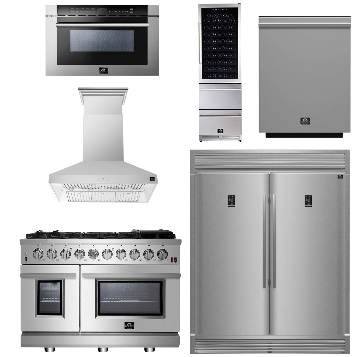 FORNO Appliance Package - 48" Gas Range, Range Hood, 60" Refrigerator, Dishwasher, Microwave Drawer, Wine Cooler, AP-FFSGS6239-48-9