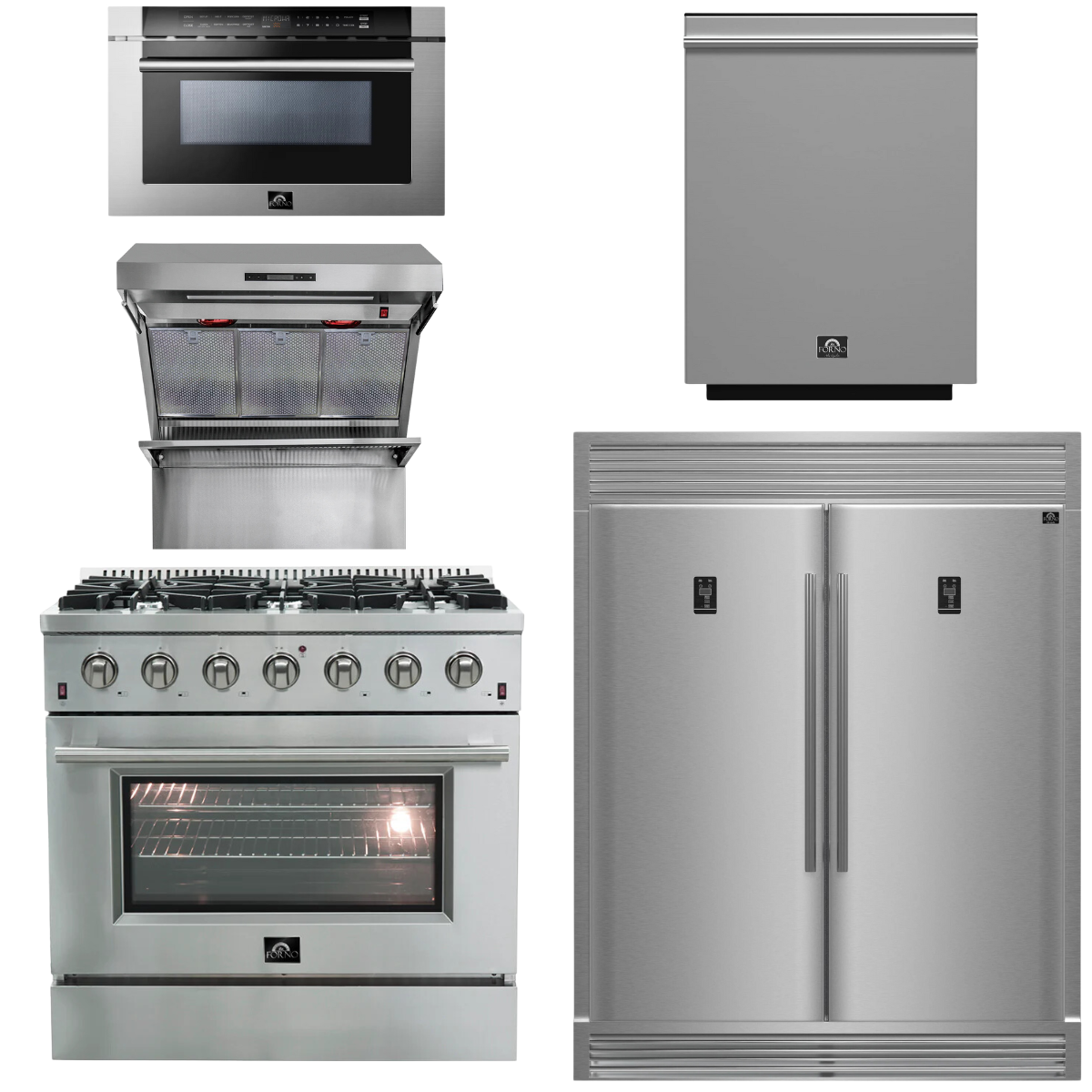 FORNO Package - 36 Inch Gas Range, Wall Mount Range Hood, Refrigerator, Microwave Drawer, Dishwasher, AP-FFSGS6244-36-8