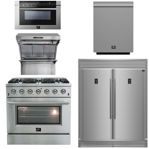 FORNO Package - 36 Inch Gas Range, Wall Mount Range Hood, Refrigerator, Microwave Drawer, Dishwasher, AP-FFSGS6244-36-8