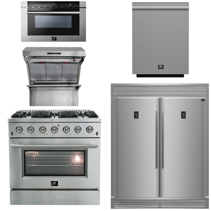 FORNO Package - 36 Inch Gas Range, Wall Mount Range Hood, Refrigerator, Microwave Drawer, Dishwasher, AP-FFSGS6244-36-8