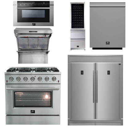 FORNO Appliance Package - 36 Inch Gas Range, Range Hood, Refrigerator, Microwave Drawer, Dishwasher, Wine Cooler, AP-FFSGS6244-36-9