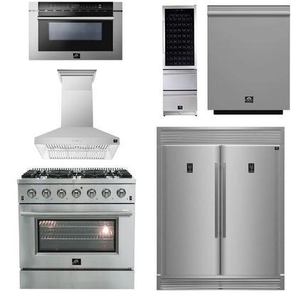 FORNO Appliance Package - 36 Inch Gas Range, Wall Mount Range Hood, Refrigerator, Microwave Drawer, Dishwasher, Wine Cooler, AP-FFSGS6244-36-W-9