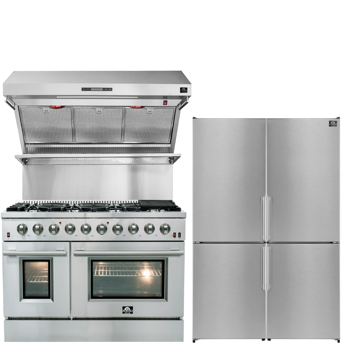 FORNO Appliance Package - 48" Gas Range, 48" Range Hood, 48" Refrigerator, AP-FFSGS6244-48-10