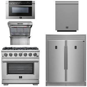 FORNO Package - 36 Inch Pro Gas Range, Wall Mount Range Hood, Refrigerator, Microwave Drawer, Dishwasher, AP-FFSGS6260-36-8