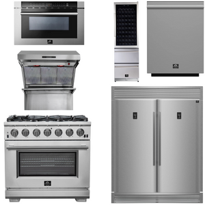 FORNO Appliance Package - 36 Inch Pro Gas Range, Range Hood, Refrigerator, Microwave Drawer, Dishwasher, Wine Cooler, AP-FFSGS6260-36-9