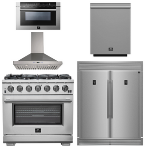 FORNO Package - 36 Inch Pro Gas Range, Wall Mount Range Hood, Refrigerator, Microwave Drawer, Dishwasher, AP-FFSGS6260-36-W-8
