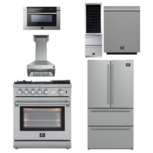 FORNO Appliance Package - 30" Gas Range with Airfryer, Range Hood, 36" Refrigerator, Dishwasher, Microwave Drawer, Wine Cooler, AP-FFSGS6276-30-13