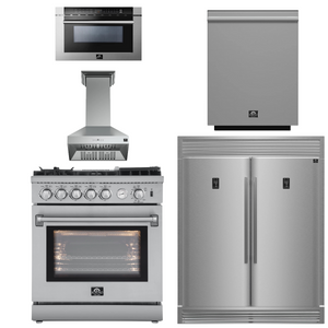 FORNO Appliance Package - 30" Gas Range, 30" Range Hood, 60" Refrigerator, Dishwasher, Microwave Drawer, AP-FFSGS6276-30-W-8