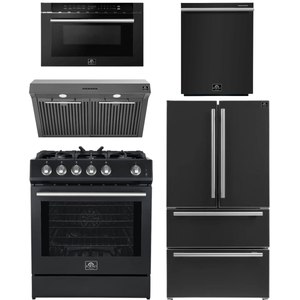 FORNO Espresso Package - 30" Gas Range, Range Hood, 36" Refrigerator with Ice Maker, Dishwasher and 24" Microwave Drawer in Black with Stainless Steel Accents