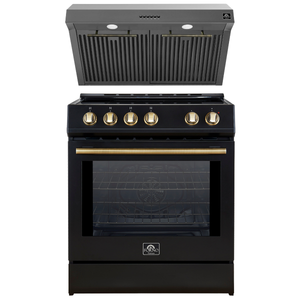 FORNO Espresso Package - 30" Induction Range and Under Cabinet Range Hood in Black with Antique Brass Accents