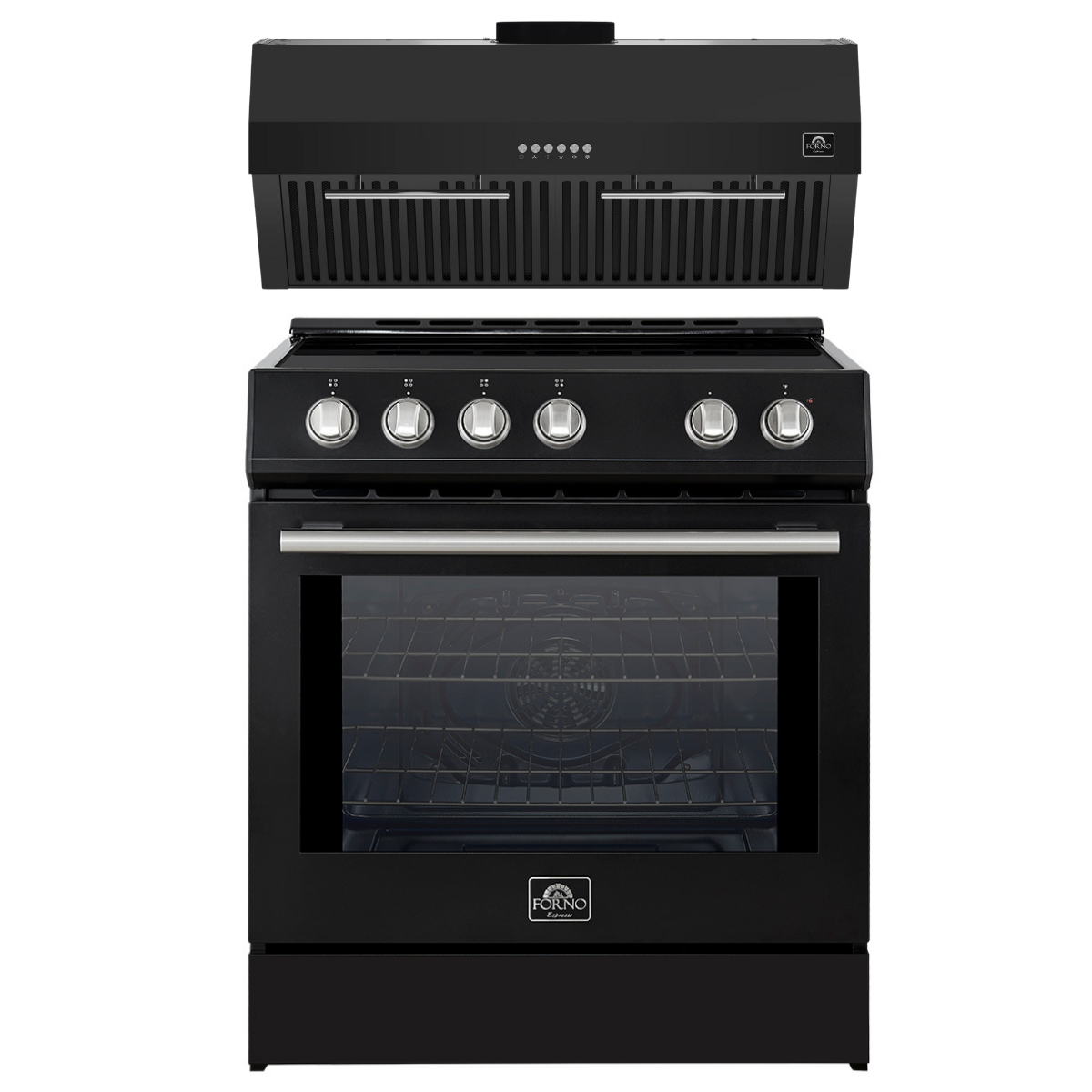 FORNO Espresso Package - 30" Induction Range and Under Cabinet Range Hood in Black with Stainless Steel Accents
