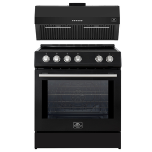 FORNO Espresso Package - 30" Induction Range and Under Cabinet Range Hood in Black with Stainless Steel Accents