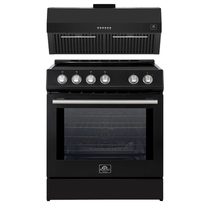 FORNO Espresso Package - 30" Induction Range and Under Cabinet Range Hood in Black with Stainless Steel Accents