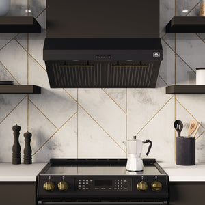 FORNO Espresso Package - 30" Induction Range and Under Cabinet Range Hood in Black with Stainless Steel Accents