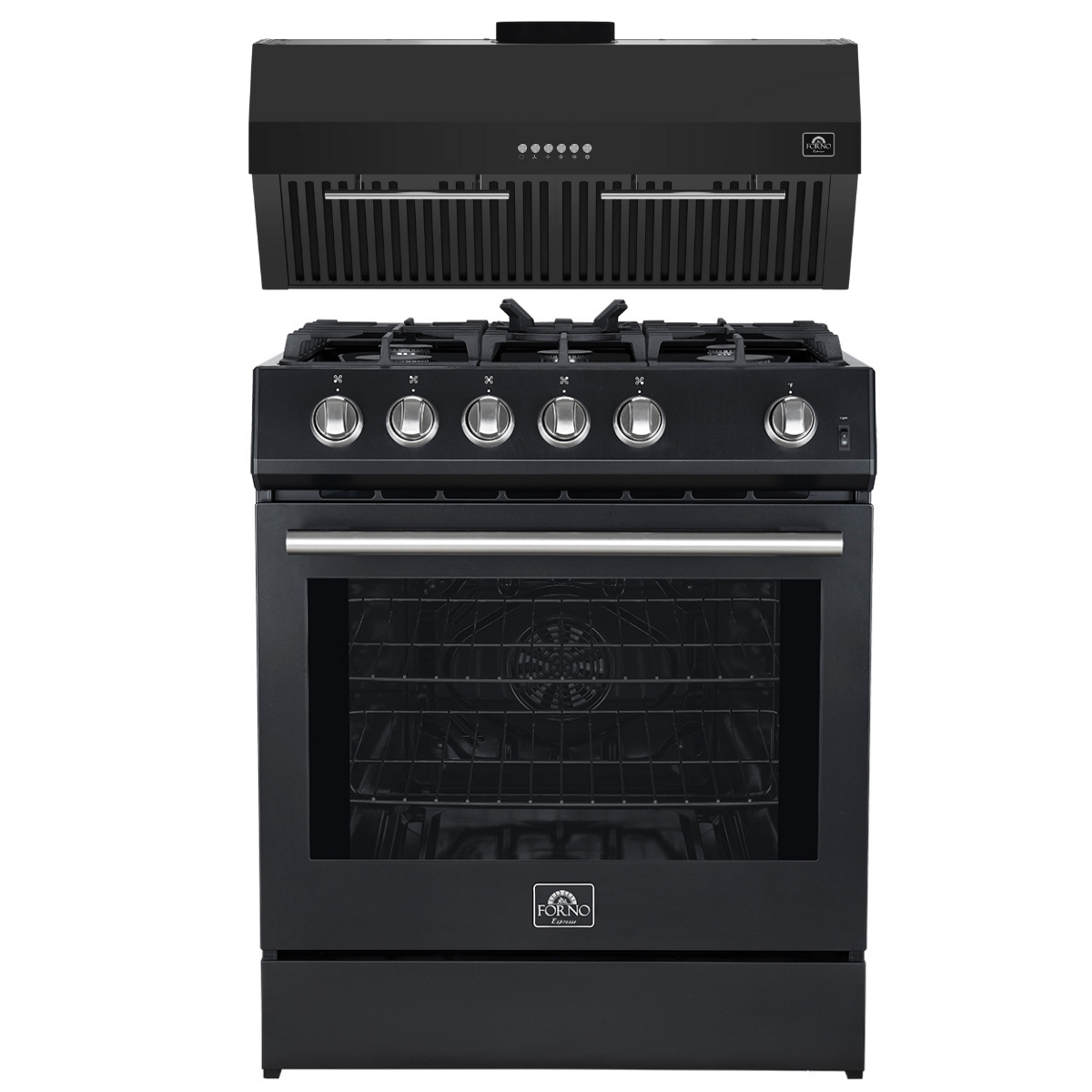 FORNO Espresso Package - 30" Gas Range and Under Cabinet Range Hood in Black with Stainless Steel Accents