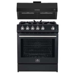 FORNO Espresso Package - 30" Gas Range and Under Cabinet Range Hood in Black with Stainless Steel Accents