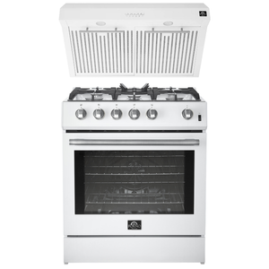 FORNO Espresso Package - 30" Gas Range and Under Cabinet Range Hood in White with Stainless Steel Accents