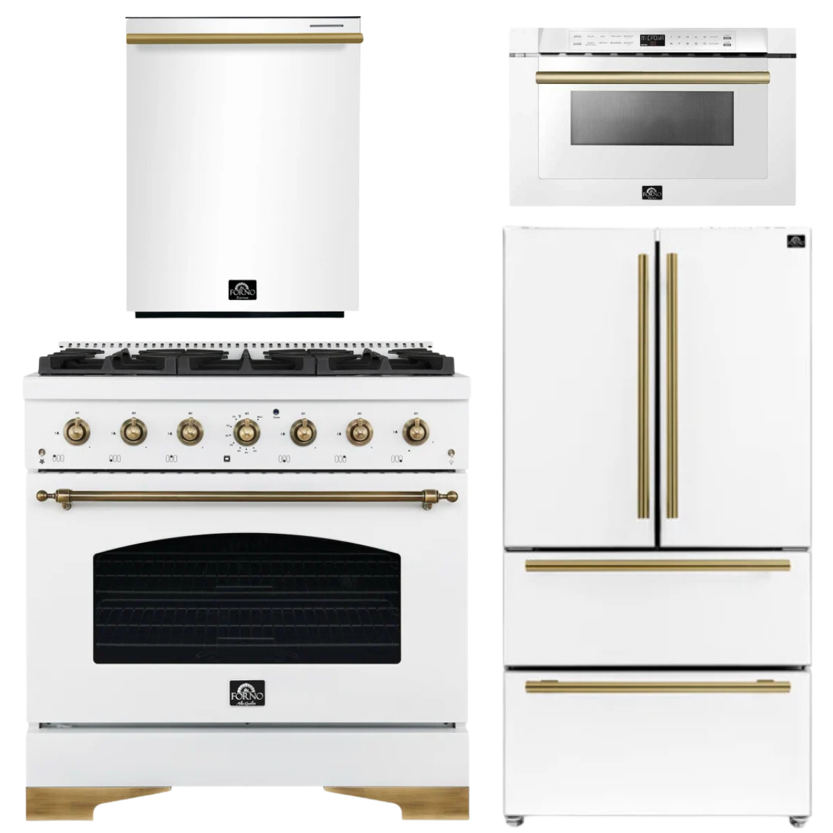FORNO Antico Package - 36" Gas Range, 36" Refrigerator with Ice Maker, Dishwasher and 24" Microwave Drawer in White with Antique Brass Accents