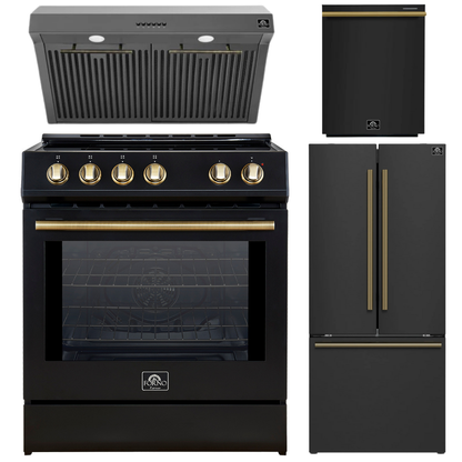 FORNO Espresso Package - 30" Induction Range, Range Hood, 30" Refrigerator with Ice Maker and Dishwasher in Black with Antique Brass Accents