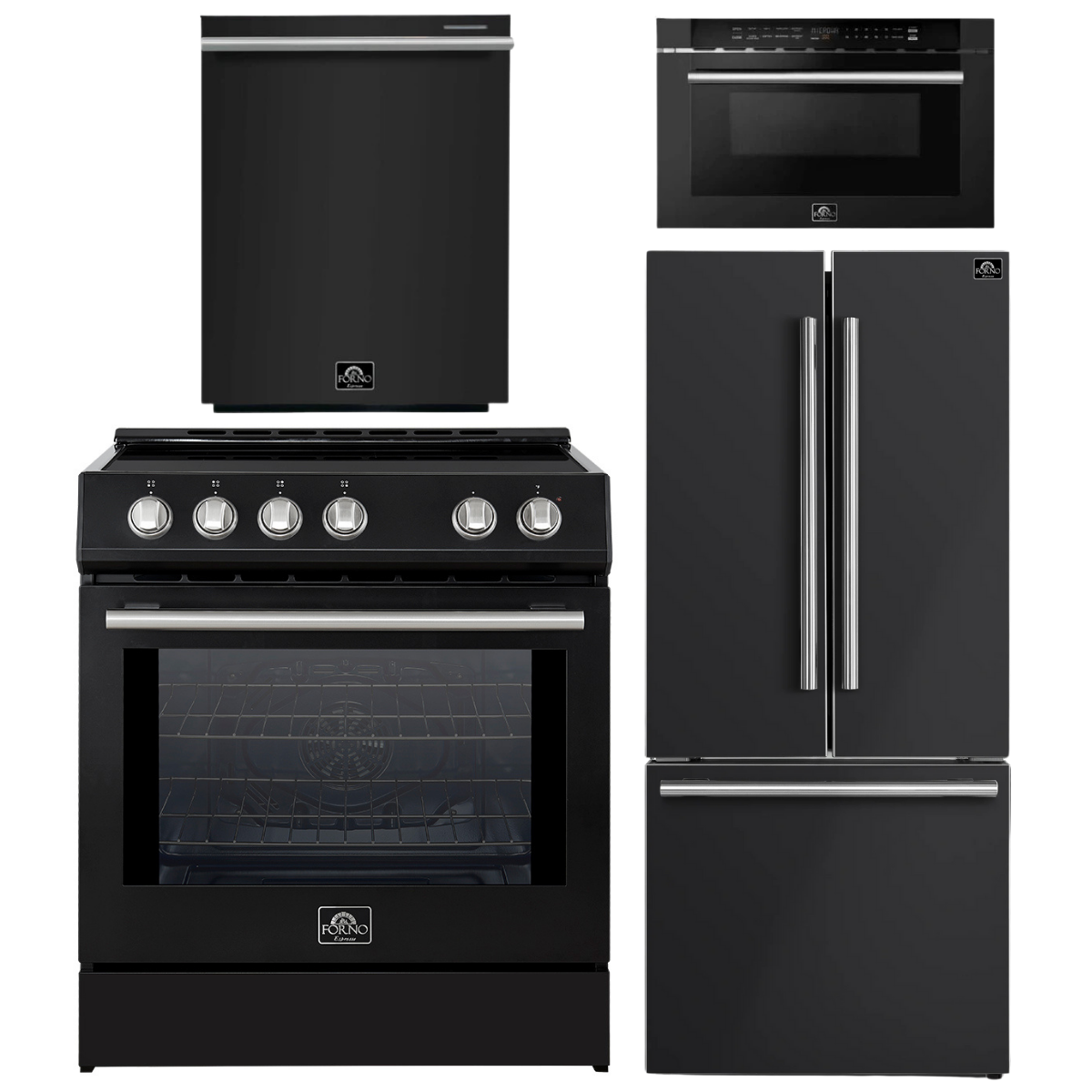 FORNO Espresso Package - 30" Induction Range, 30" Refrigerator with Ice Maker, Dishwasher and 24" Microwave Drawer in Black with Stainless Steel Accents