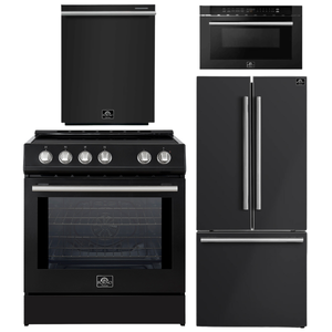 FORNO Espresso Package - 30" Induction Range, 30" Refrigerator with Ice Maker, Dishwasher and 24" Microwave Drawer in Black with Stainless Steel Accents