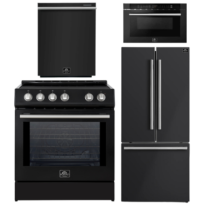 FORNO Espresso Package - 30" Induction Range, 30" Refrigerator with Ice Maker, Dishwasher and 24" Microwave Drawer in Black with Stainless Steel Accents