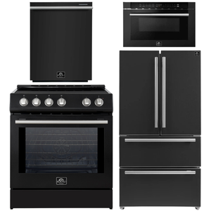 FORNO Espresso Package - 30" Induction Range, 36" Refrigerator with Ice Maker, Dishwasher and 24" Microwave Drawer in Black with Stainless Steel Accents