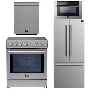 FORNO Espresso Package - 30" Induction Range, 30" Refrigerator with Ice Maker, Dishwasher and 24" Microwave Drawer in Stainless Steel