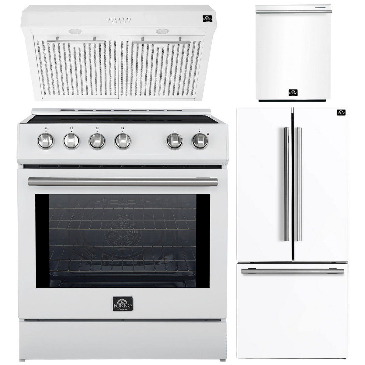 FORNO Espresso Package - 30" Induction Range, Range Hood, 30" Refrigerator with Ice Maker and Dishwasher in White with Stainless Steel Accents