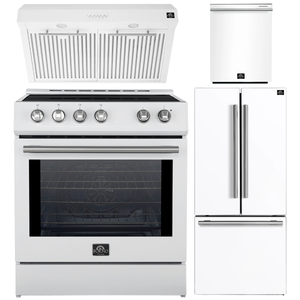FORNO Espresso Package - 30" Induction Range, Range Hood, 30" Refrigerator with Ice Maker and Dishwasher in White with Stainless Steel Accents