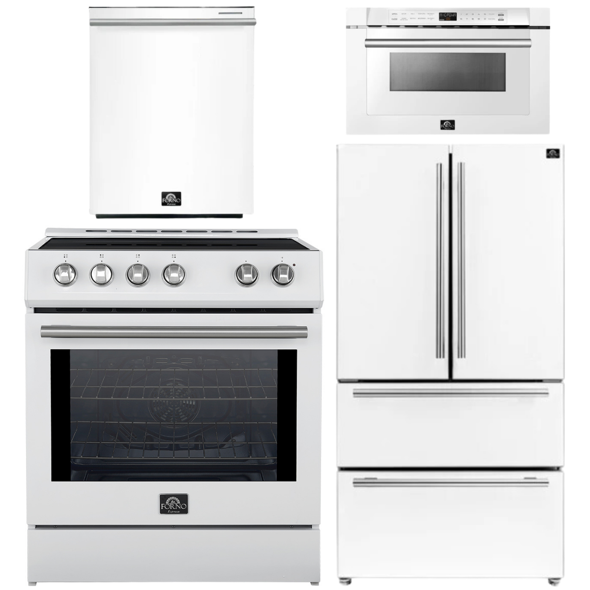 FORNO Espresso Package - 30" Induction Range, 36" Refrigerator with Ice Maker, Dishwasher and 24" Microwave Drawer in White with Stainless Steel Accents