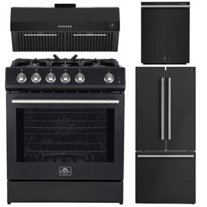 FORNO Espresso Package - 30" Gas Range, Range Hood, 30" Refrigerator with Ice Maker and Dishwasher in Black with Stainless Steel Accents