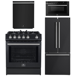 FORNO Espresso Package - 30" Gas Range, 30" Refrigerator with Ice Maker, Dishwasher and 24" Microwave Drawer in Black with Stainless Steel Accents