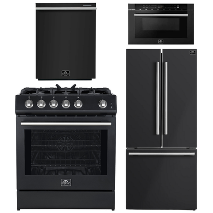 FORNO Espresso Package - 30" Gas Range, 30" Refrigerator with Ice Maker, Dishwasher and 24" Microwave Drawer in Black with Stainless Steel Accents