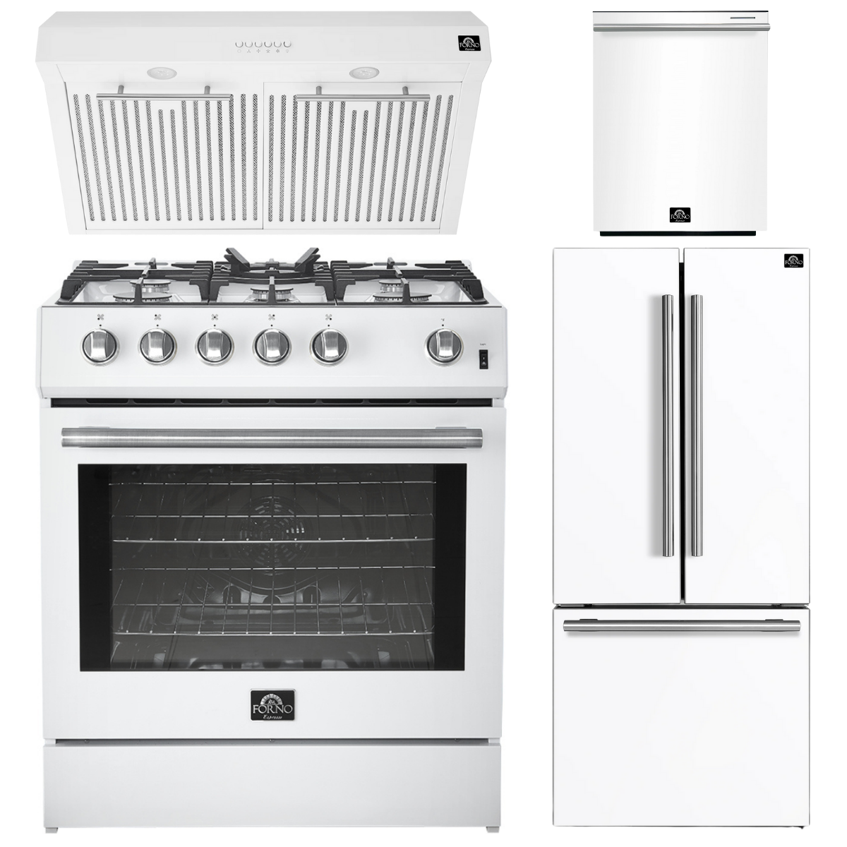 FORNO Espresso Package - 30" Gas Range, Range Hood, 30" Refrigerator with Ice Maker and Dishwasher in White with Stainless Steel Accents