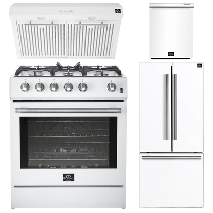 FORNO Espresso Package - 30" Gas Range, Range Hood, 30" Refrigerator with Ice Maker and Dishwasher in White with Stainless Steel Accents
