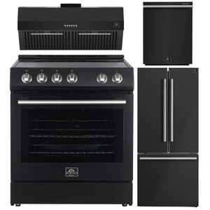 FORNO Espresso Package - 30" Electric Range, Range Hood, 30" Refrigerator with Ice Maker and Dishwasher in Black with Stainless Steel Accents