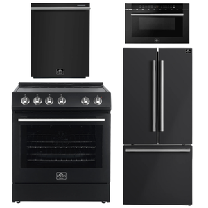FORNO Espresso Package - 30" Electric Range, 30" Refrigerator with Ice Maker, Dishwasher and 24" Microwave Drawer in Black with Stainless Steel Accents