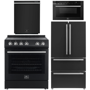 FORNO Espresso Package - 30" Electric Range, 36" Refrigerator with Ice Maker, Dishwasher and 24" Microwave Drawer in Black with Stainless Steel Accents