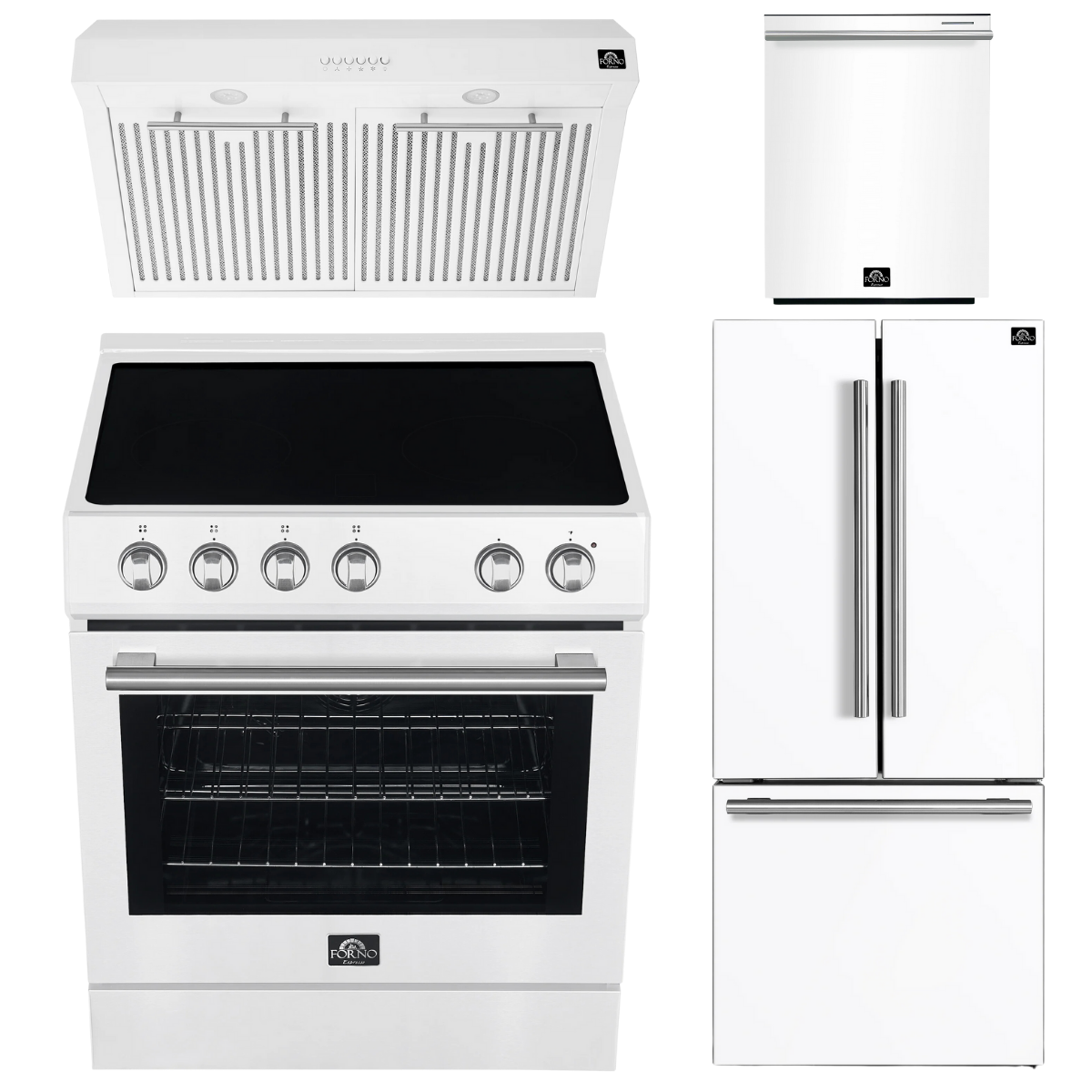 FORNO Espresso Package - 30" Electric Range, Range Hood, 30" Refrigerator with Ice Maker and Dishwasher in White with Stainless Steel Accents