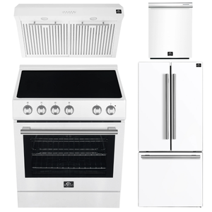 FORNO Espresso Package - 30" Electric Range, Range Hood, 30" Refrigerator with Ice Maker and Dishwasher in White with Stainless Steel Accents