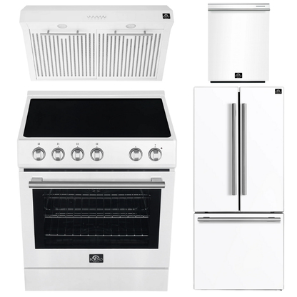 FORNO Espresso Package - 30" Electric Range, Range Hood, 30" Refrigerator with Ice Maker and Dishwasher in White with Stainless Steel Accents