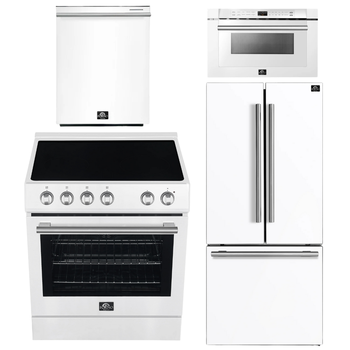 FORNO Espresso Package - 30" Electric Range, 30" Refrigerator with Ice Maker, Dishwasher and 24" Microwave Drawer in White with Stainless Steel Accents