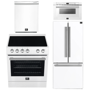 FORNO Espresso Package - 30" Electric Range, 30" Refrigerator with Ice Maker, Dishwasher and 24" Microwave Drawer in White with Stainless Steel Accents