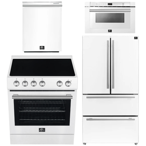FORNO Espresso Package - 30" Electric Range, 36" Refrigerator with Ice Maker, Dishwasher and 24" Microwave Drawer in White with Stainless Steel Accents