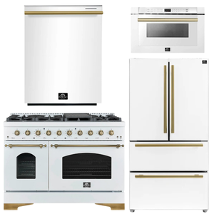 FORNO Antico Package - 48" Dual Fuel Range, 36" Refrigerator with Ice Maker, Dishwasher and 24" Microwave Drawer in White with Antique Brass Accents