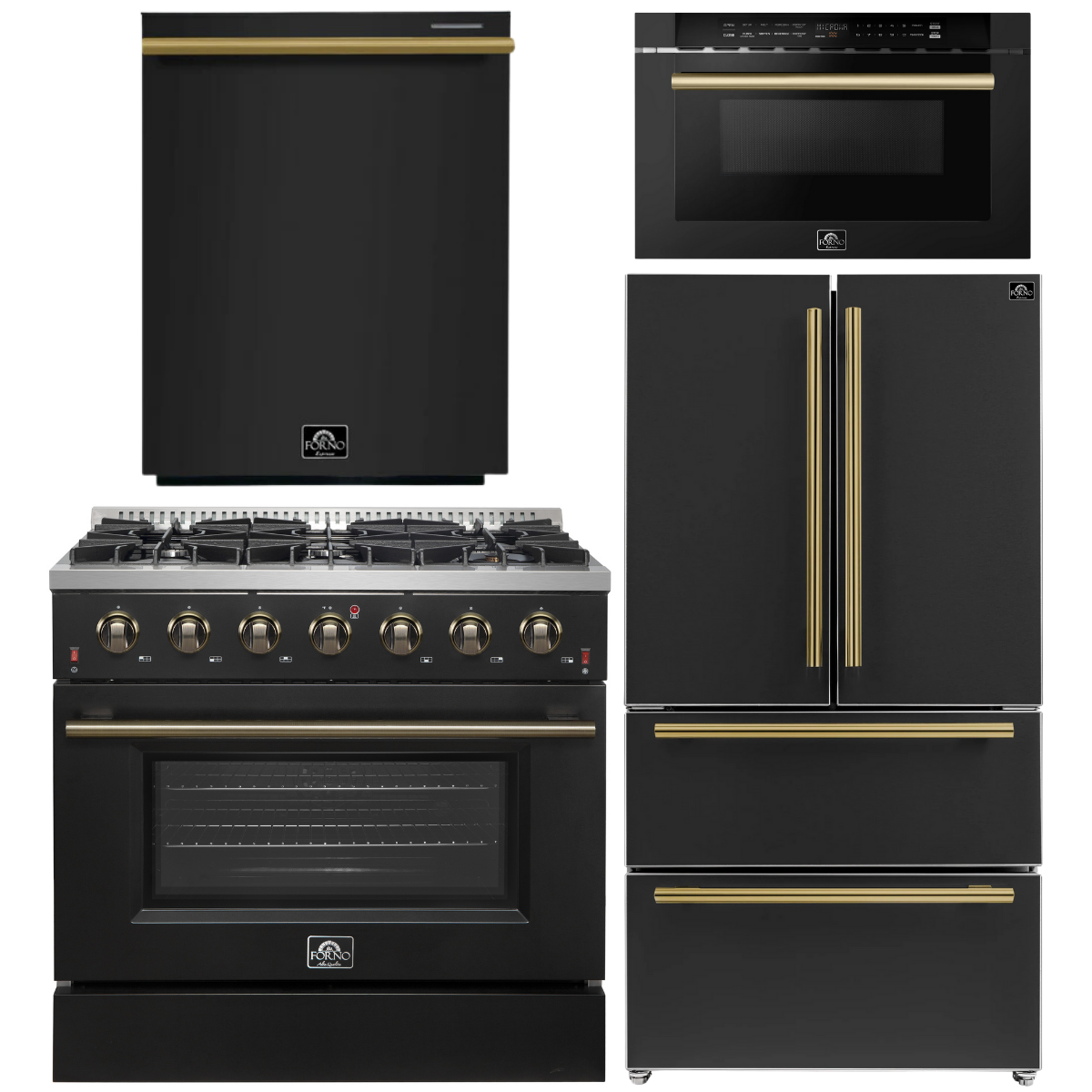 FORNO Galiano Package - 36" Gas Range, 36" Refrigerator with Ice Maker, Dishwasher and 24" Microwave Drawer in Black with Antique Brass Accents