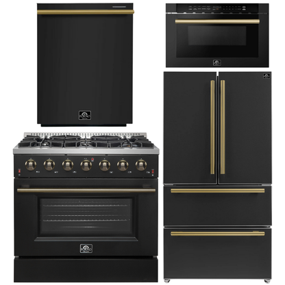 FORNO Galiano Package - 36" Gas Range, 36" Refrigerator with Ice Maker, Dishwasher and 24" Microwave Drawer in Black with Antique Brass Accents
